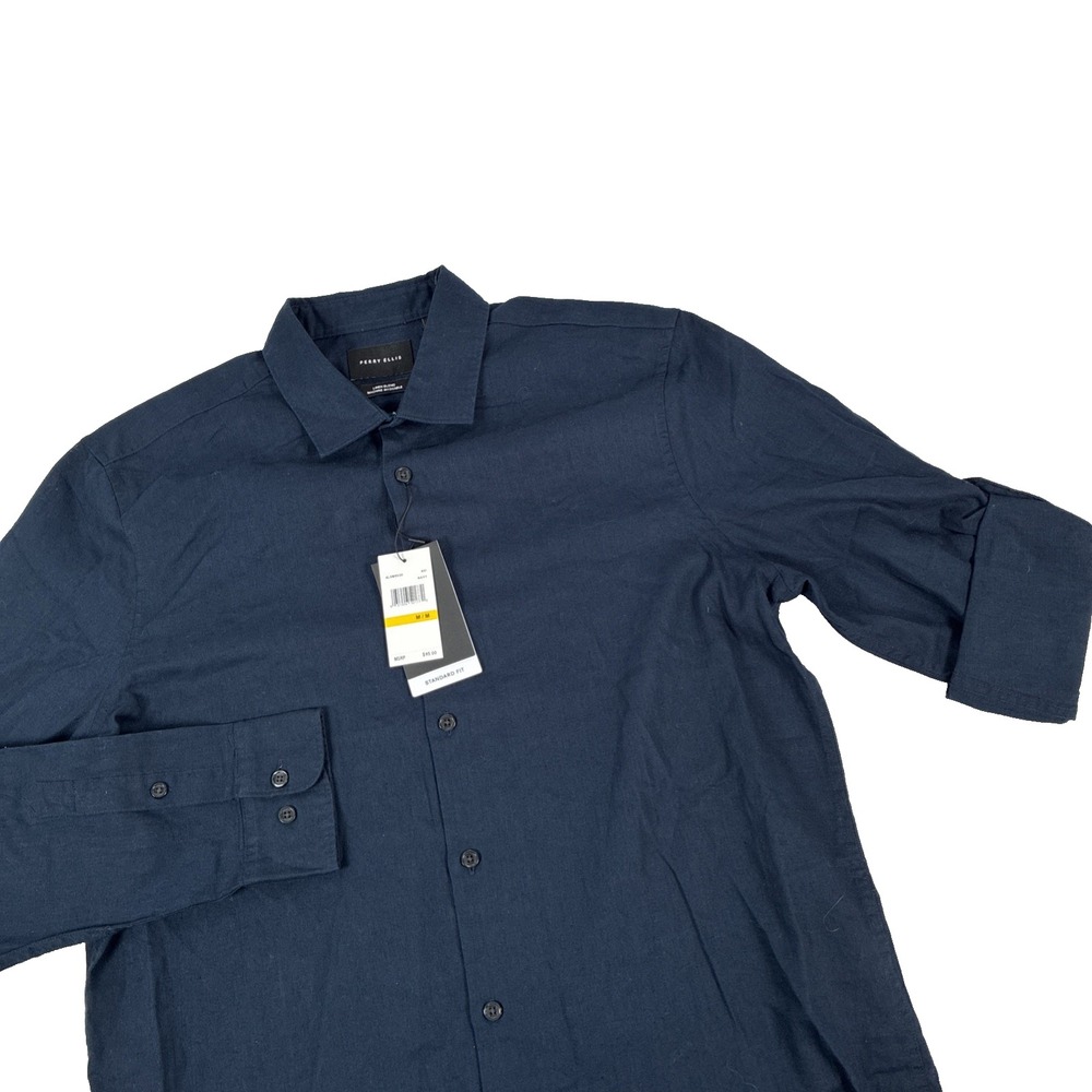New Mens Perry Ellis Linen Blend Button Up Long Sleeve Shirt Size M Blue NWT